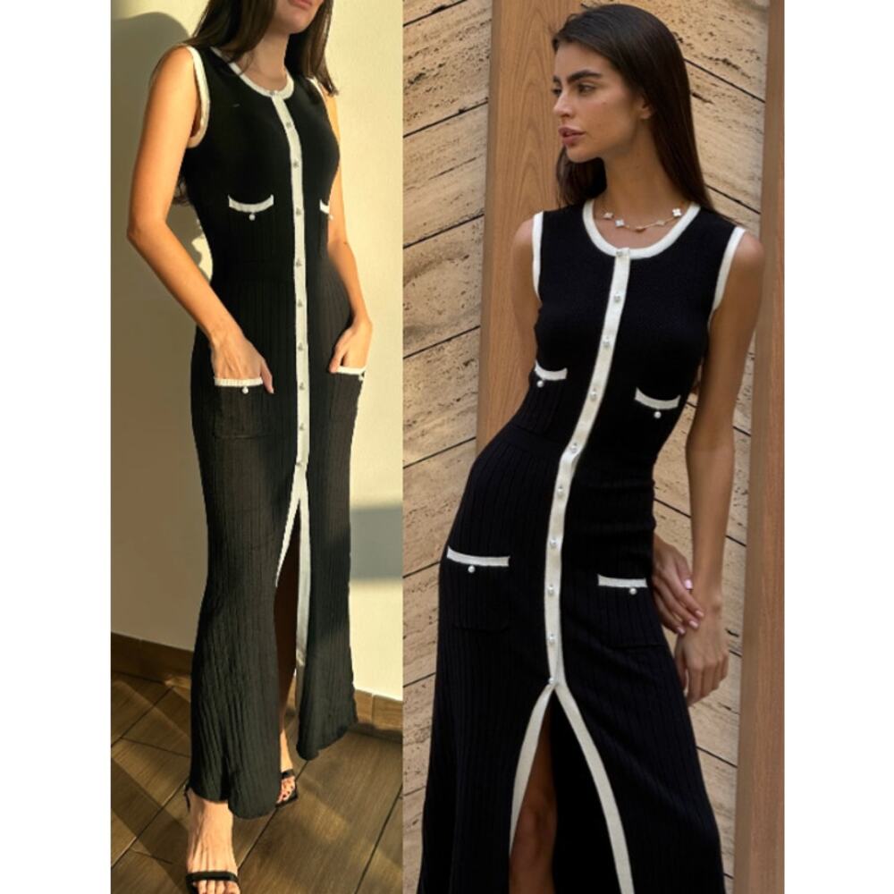 NWT Marbl. Pearl Button Sleeveless Maxi Knit Dress Black/White Women's Size XS